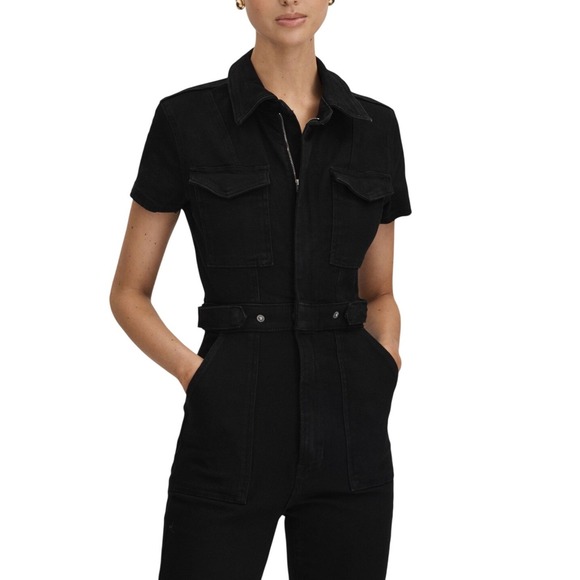 Good American Black Denim Short Sleeve Utility Jumpsuit Belted Zip Front Size M - Picture 14 of 15